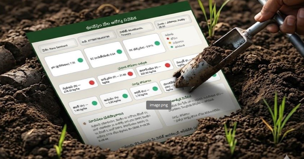 Bhu-Nestam Soil Health Report in Telugu with traffic-light nutrient status and soil scoop