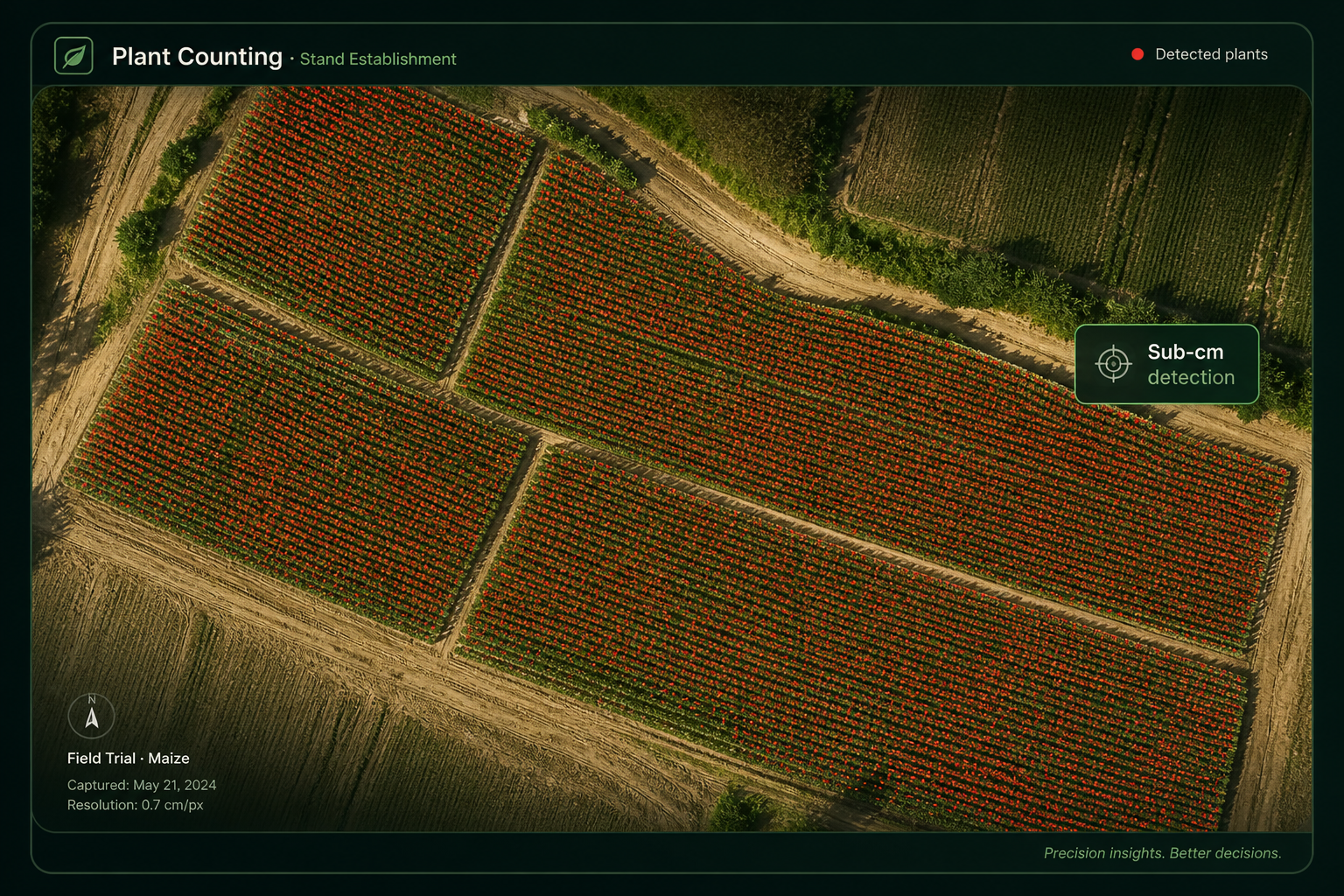 Aerial maize plant counting map with detected plants marked