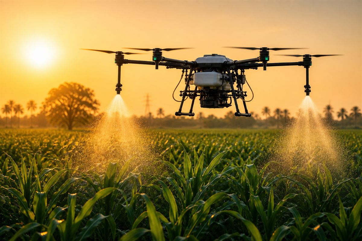 DGCA-registered agricultural drone spraying a green crop canopy at golden hour
