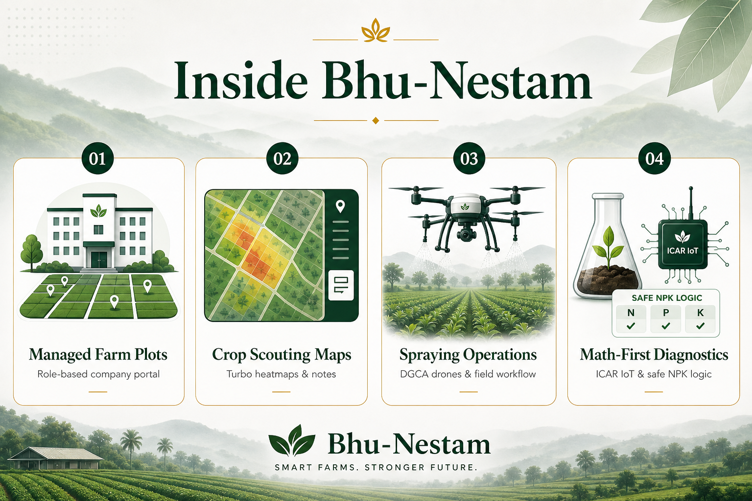 Inside Bhu-Nestam: Managed Farm Plots, Crop Scouting Maps, Spraying Operations, and Math-First Diagnostics